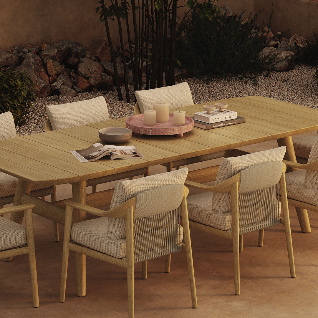 N1 light teak outdoor dining set and Caselle red travertine tray
