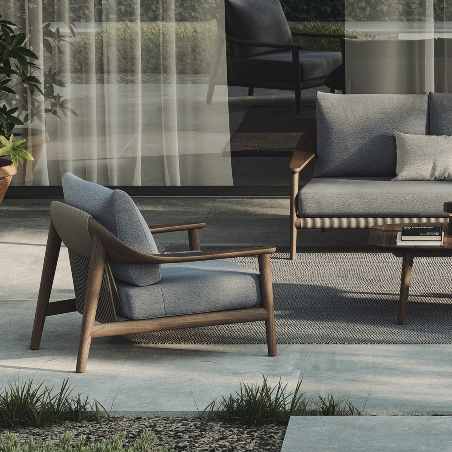 N1 luxury dark teak outdoor furniture with mid century inspired rope detail 