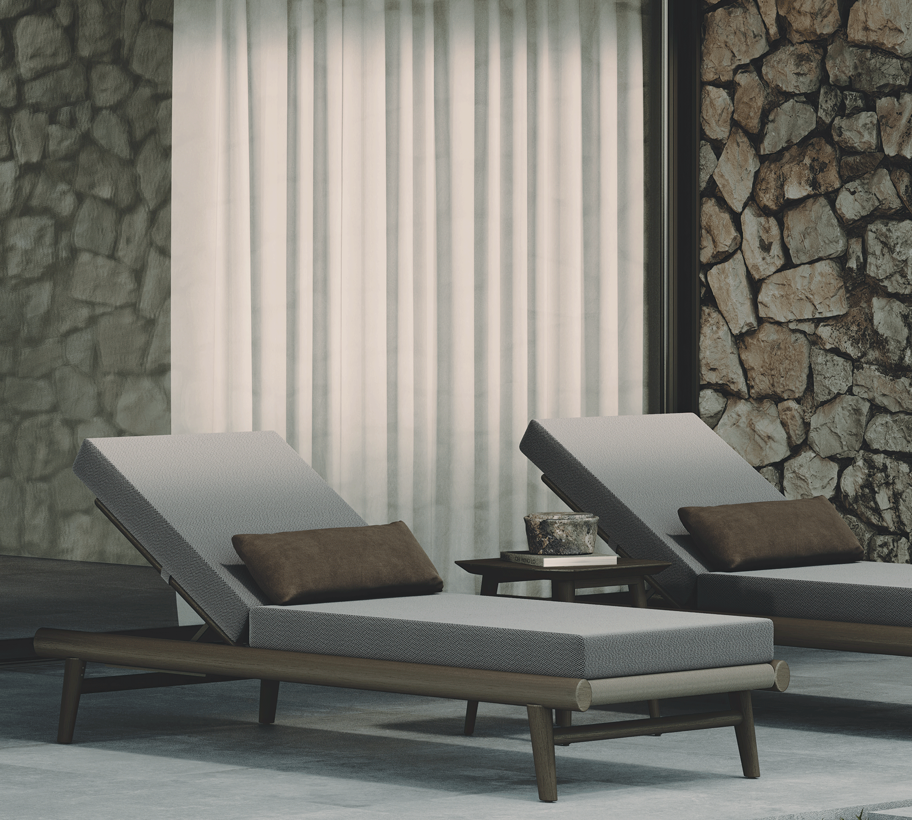 N1 luxury dark teak outdoor furniture with mid century inspired rope detail with garden fabric sun loungers and outdoor side table