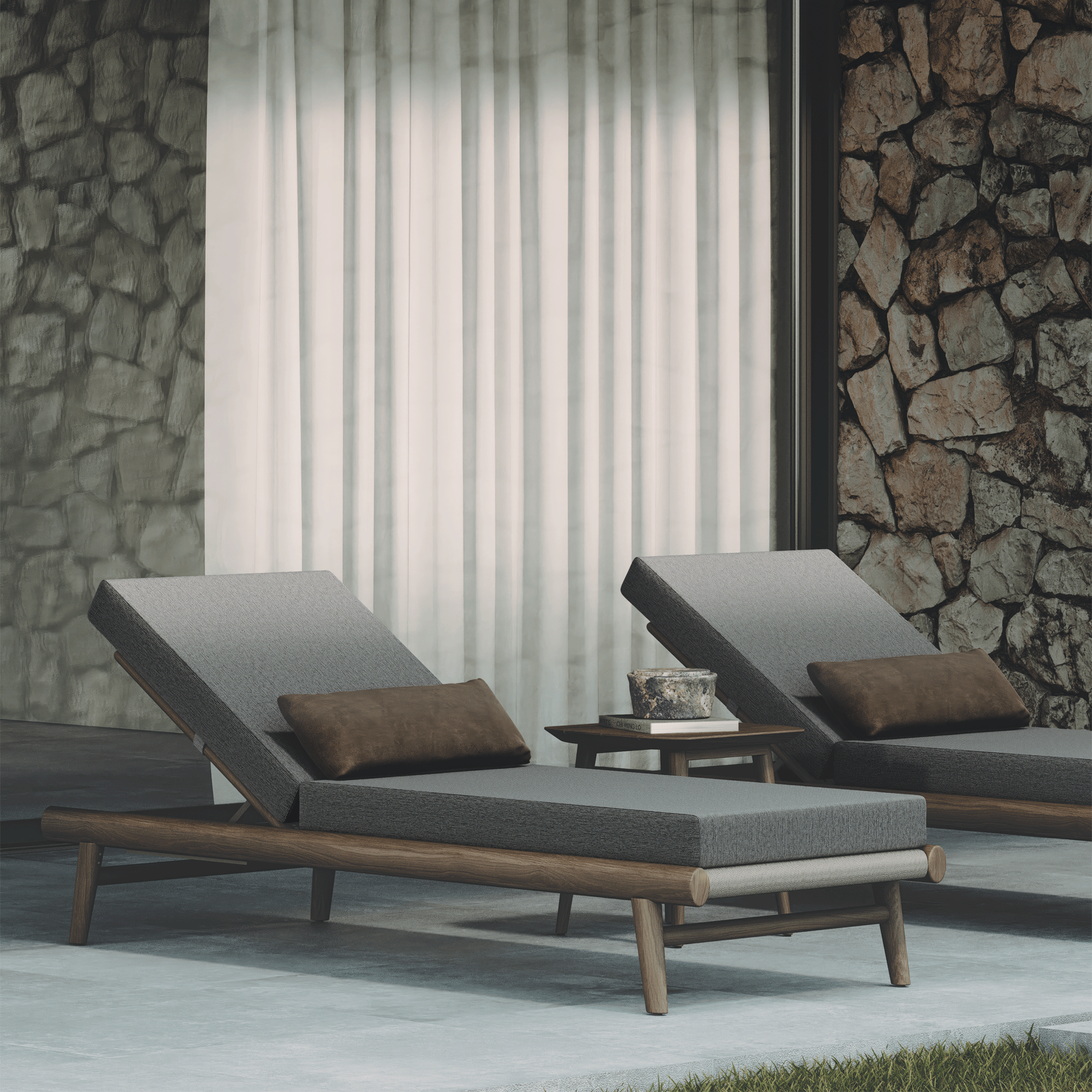 N1 luxury dark teak outdoor furniture with mid century inspired rope detail with fabric sun loungers and matching side table