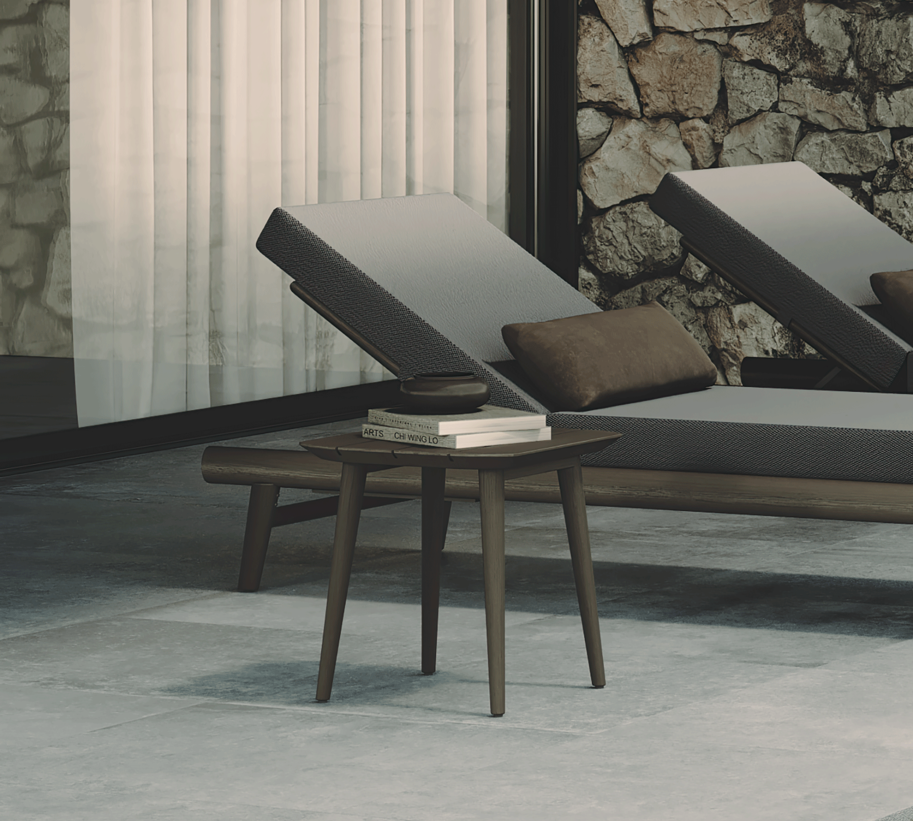 N1 luxury dark teak outdoor furniture with mid century inspired rope detail with outdoor garden side table