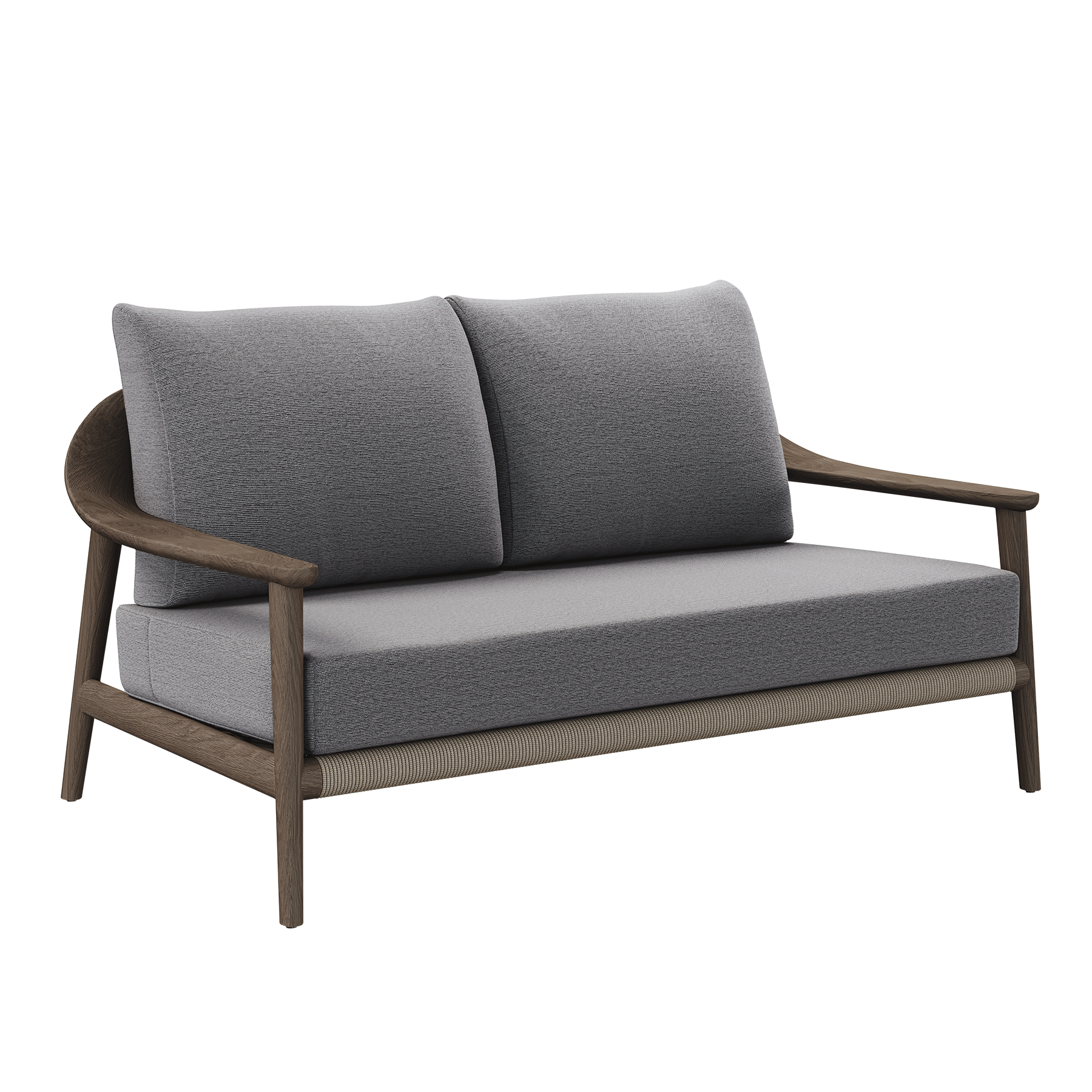 N1 luxury dark teak outdoor furniture with mid century inspired rope detail garden two seater sofa