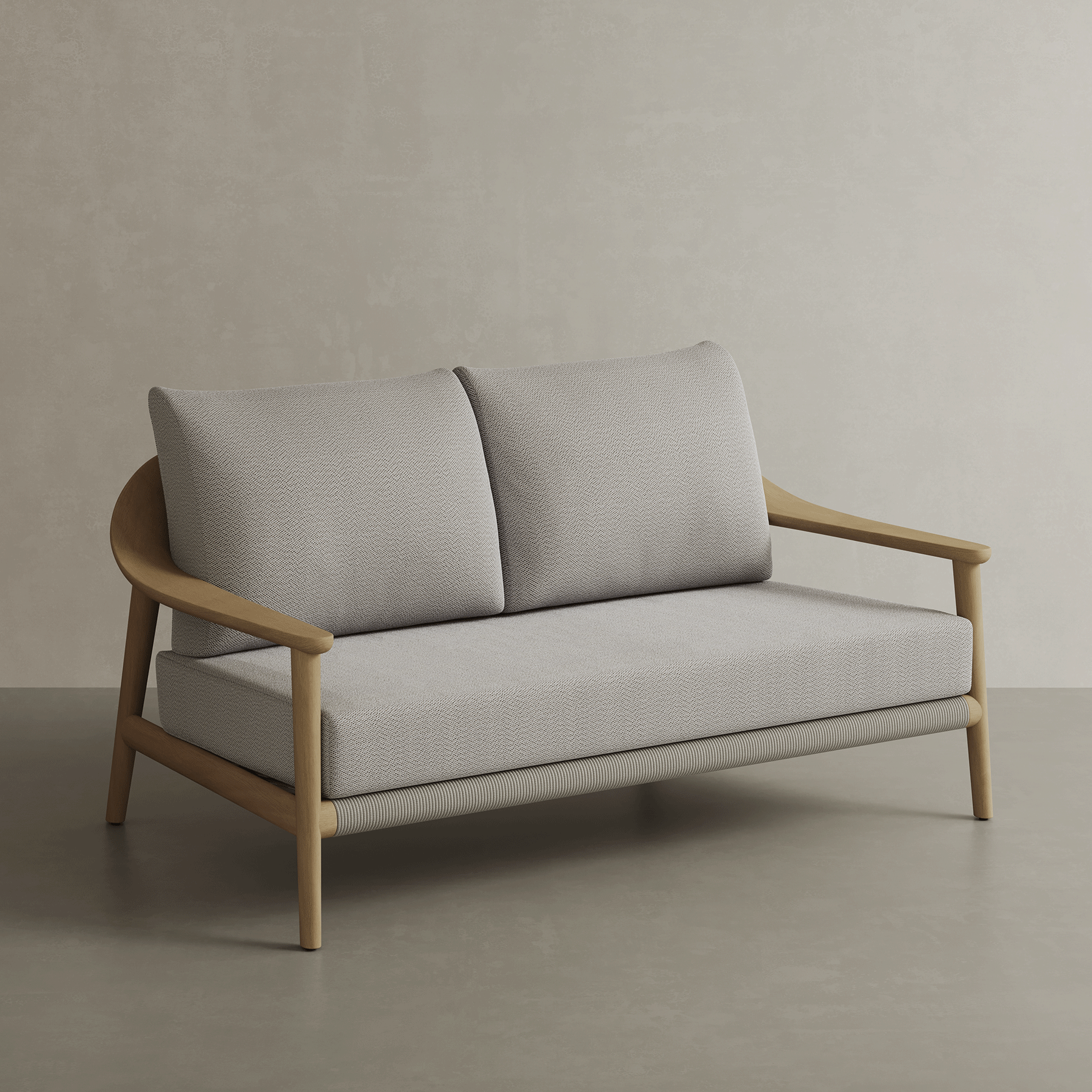 N1 Two Seater Sofa Light Teak Oatmeal Textured Weave Teak Wood