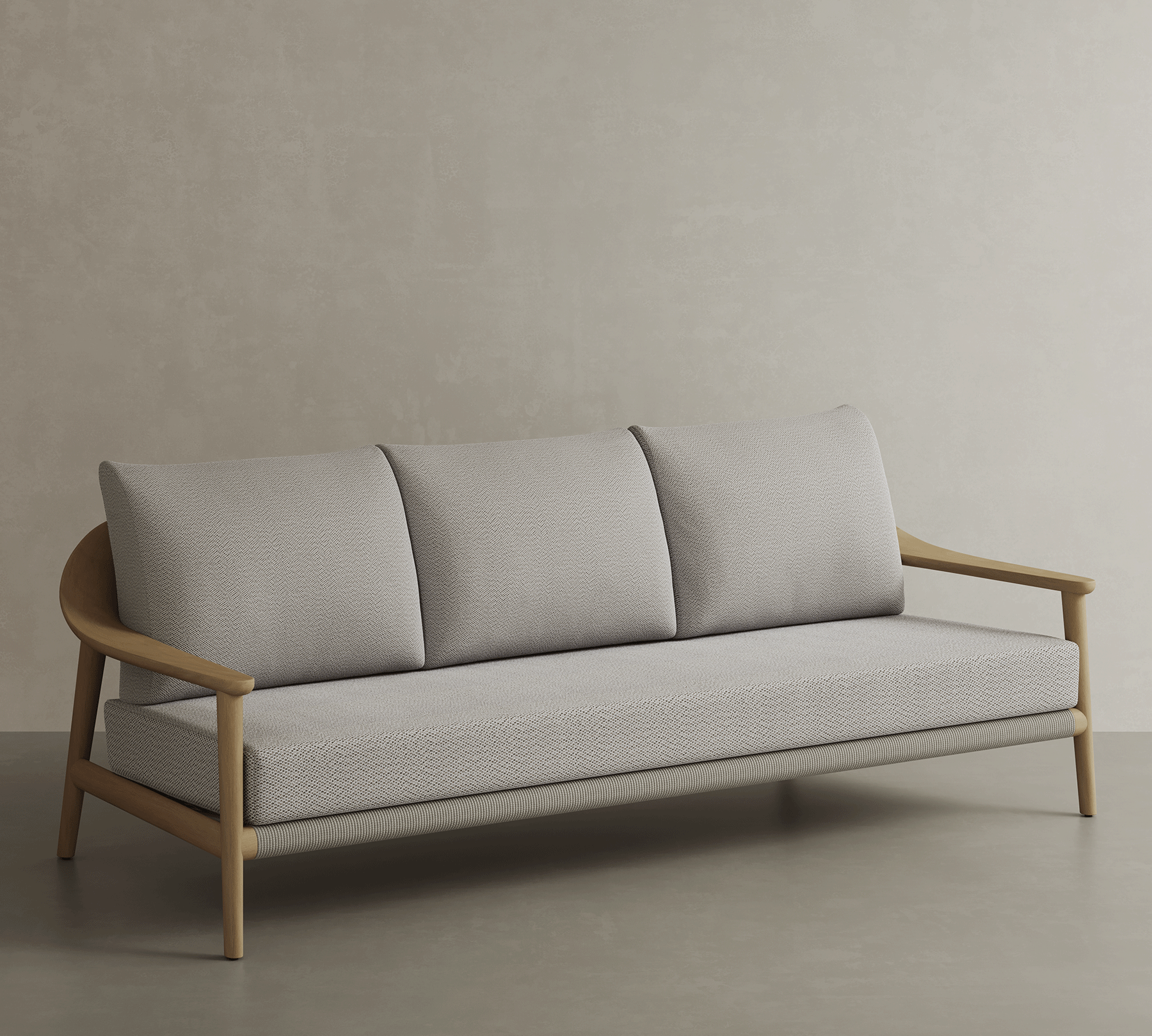 N1 Three Seater Sofa Light Teak Oatmeal Textured Weave Teak Wood