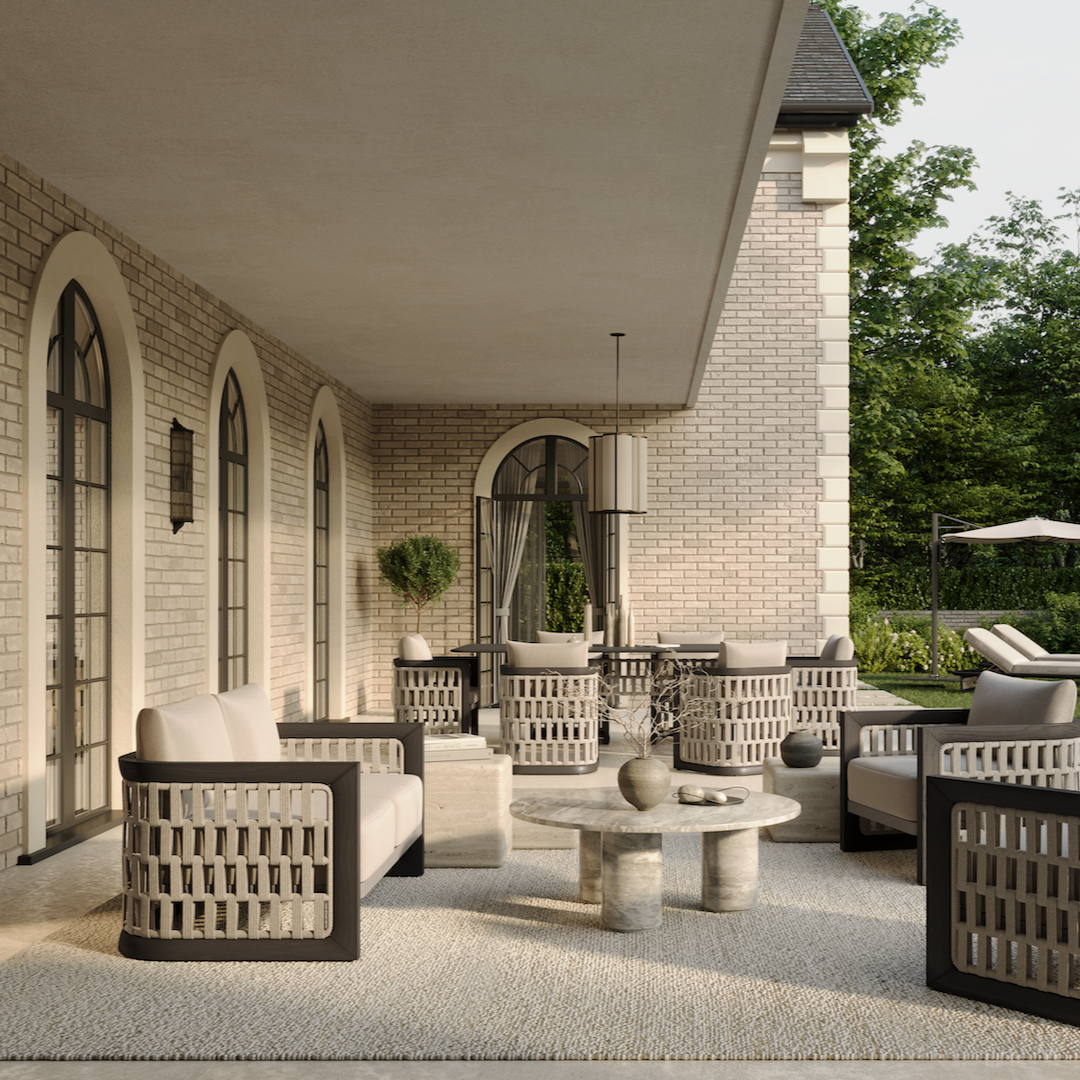 N2 dark teak outdoor furniture with modern rattan rope detail in luxury property