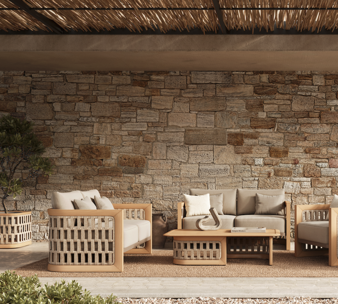 N2 light teak outdoor furniture with modern rattan rope detail in luxury property lifestyle image