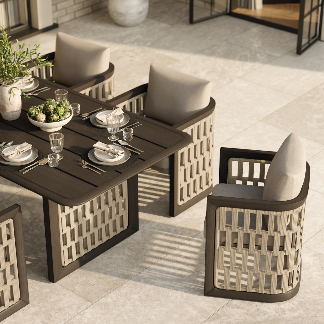 N2 Dining Chair Dining Table Dark Teak Desert Canvas