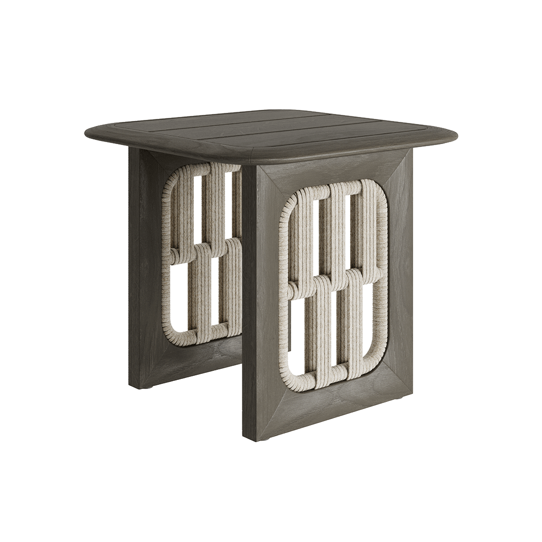 N2 side table dark teak outdoor furniture with modern rattan rope detail product image