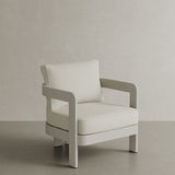 N3 Stone Cirrus Textured Weave lounge chair, featuring soft, durable fabric with a refined textured weave in a neutral stone colour. The chair is supported by a sleek aluminium frame, offering a modern design that combines comfort, elegance, and durability for both indoor and outdoor use.