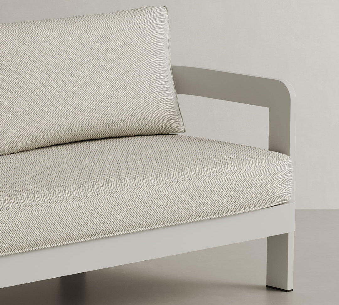 Close up of N3 Stone Sofa with Pearl Herringbone fabric