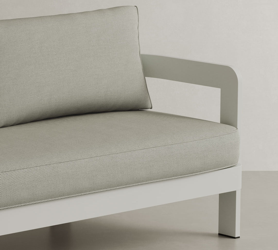 Close up of N3 Stone Sofa with Sage Twill fabric