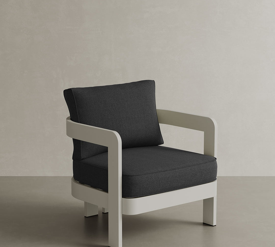 Product image of the N3 Stone Shadow canvas lounge chair, featuring soft, durable fabric in a stylish stone grey tone. The chair is supported by a sleek aluminium frame, combining modern design with comfort and durability, perfect for both indoor and outdoor use.