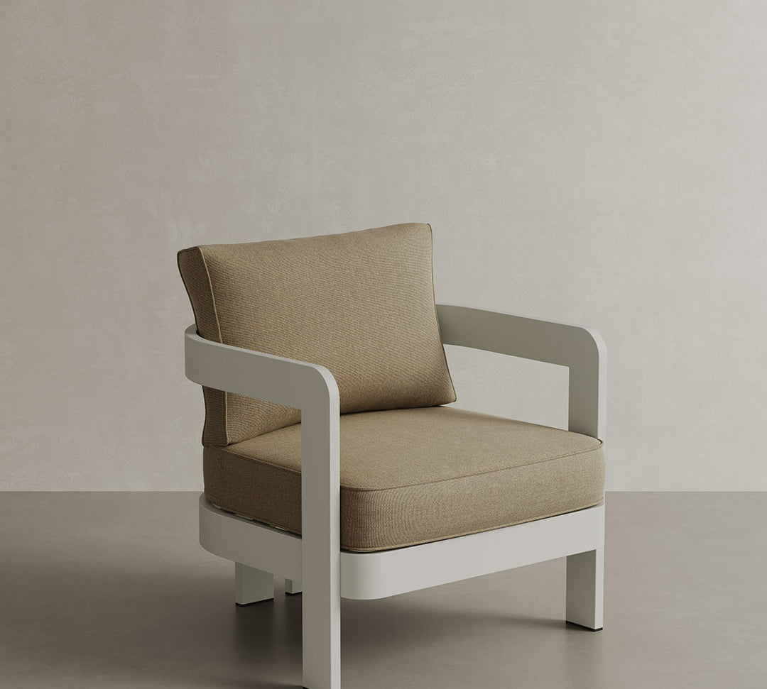 A refined N3 Stone Wheat canvas lounge chair, featuring soft, durable fabric in a subtle stone wheat hue. The chair's sleek design and sturdy frame combine modern elegance with comfort, making it an ideal addition to any outdoor or indoor lounge space. Its neutral colour enhances the versatility and sophistication of the setting.