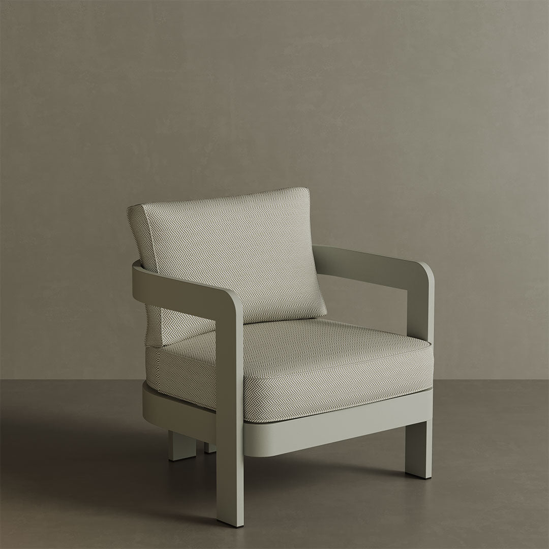 N3 Taupe Pearl Herringbone lounge chair, featuring soft, durable fabric in a taupe and pearl colour with a subtle herringbone pattern. The chair is supported by a sleek aluminium frame, combining comfort and modern style, ideal for both indoor and outdoor settings.