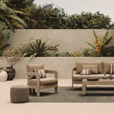 N3 Lounge Chair Three Seater Sofa Aluminium Oak Wheat Canvas Lifestyle Image Rug