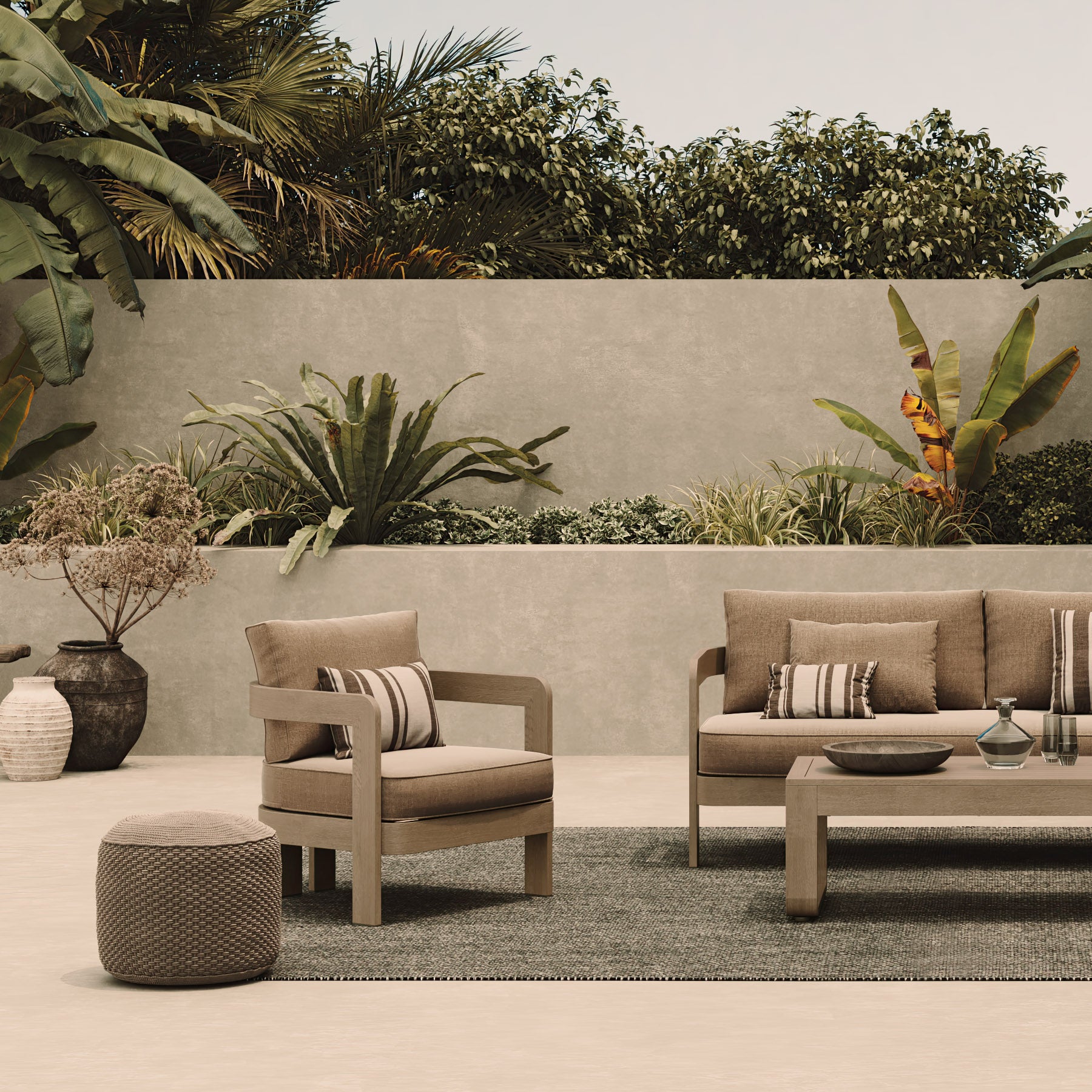 N3 Lounge Chair Three Seater Sofa Aluminium Oak Wheat Canvas Lifestyle Image Rug
