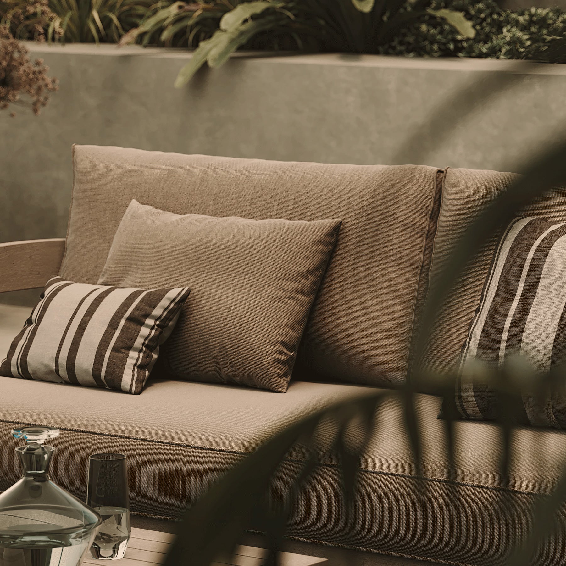 Close up life style image of N3 Three Seater Sofa Aluminium Oak Wheat Canvas