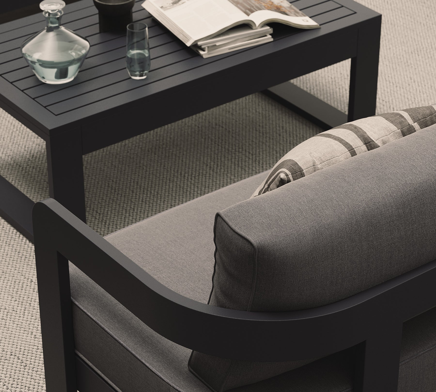 Three Seater Sofa Smoke Weave Kohl Coffee Table Porcelain Rug