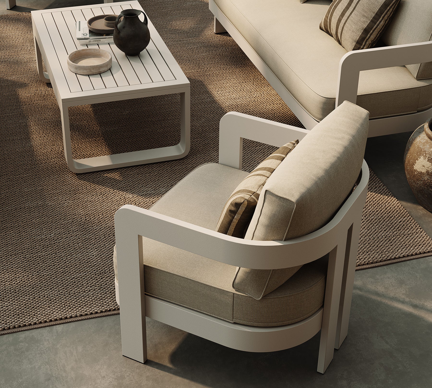 Three Seater Sofa Lounge Chair Sand Canvas Stone Coffee Table Almond Rug