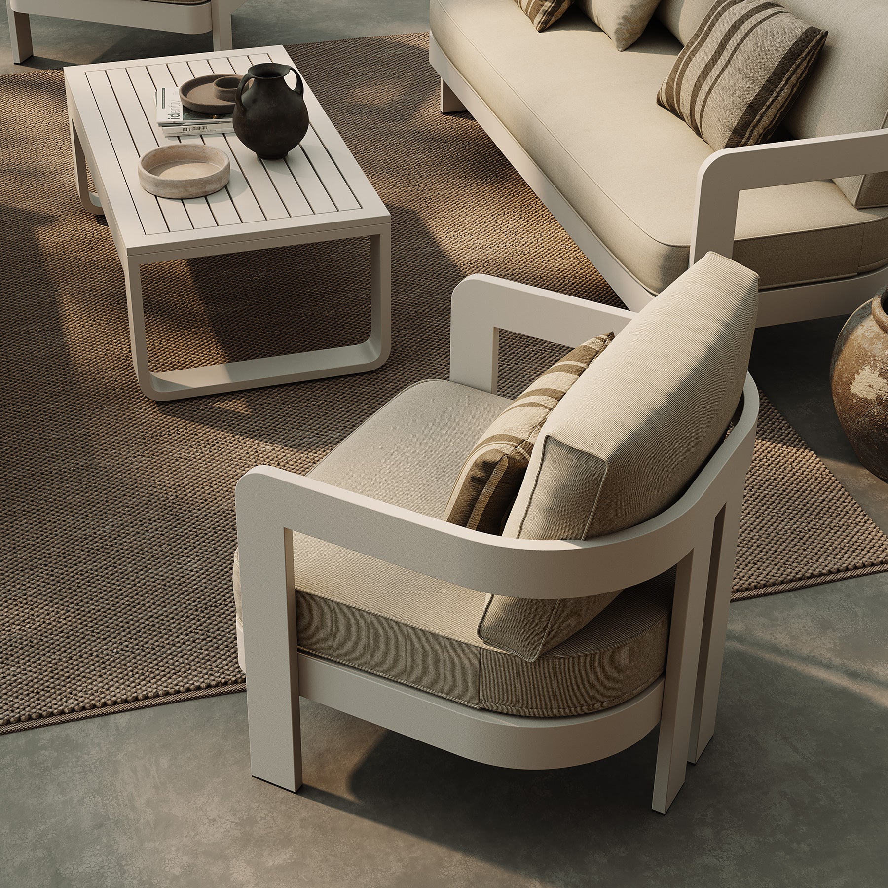Three Seater Sofa Lounge Chair Sand Canvas Stone Coffee Table Almond Rug