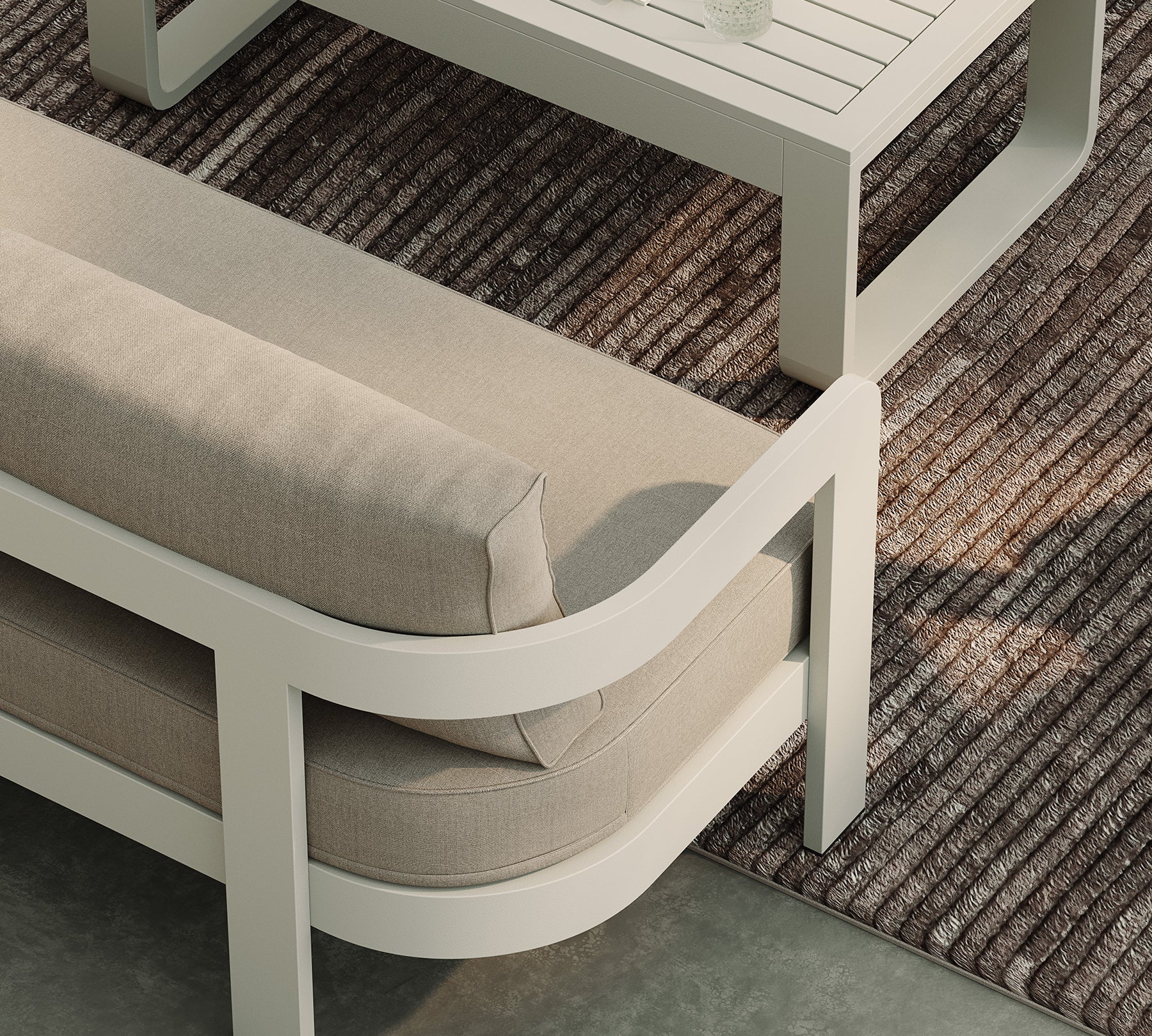 Three Seater Sofa Sand Canvas Stone Coffee Table Biscuit Rug