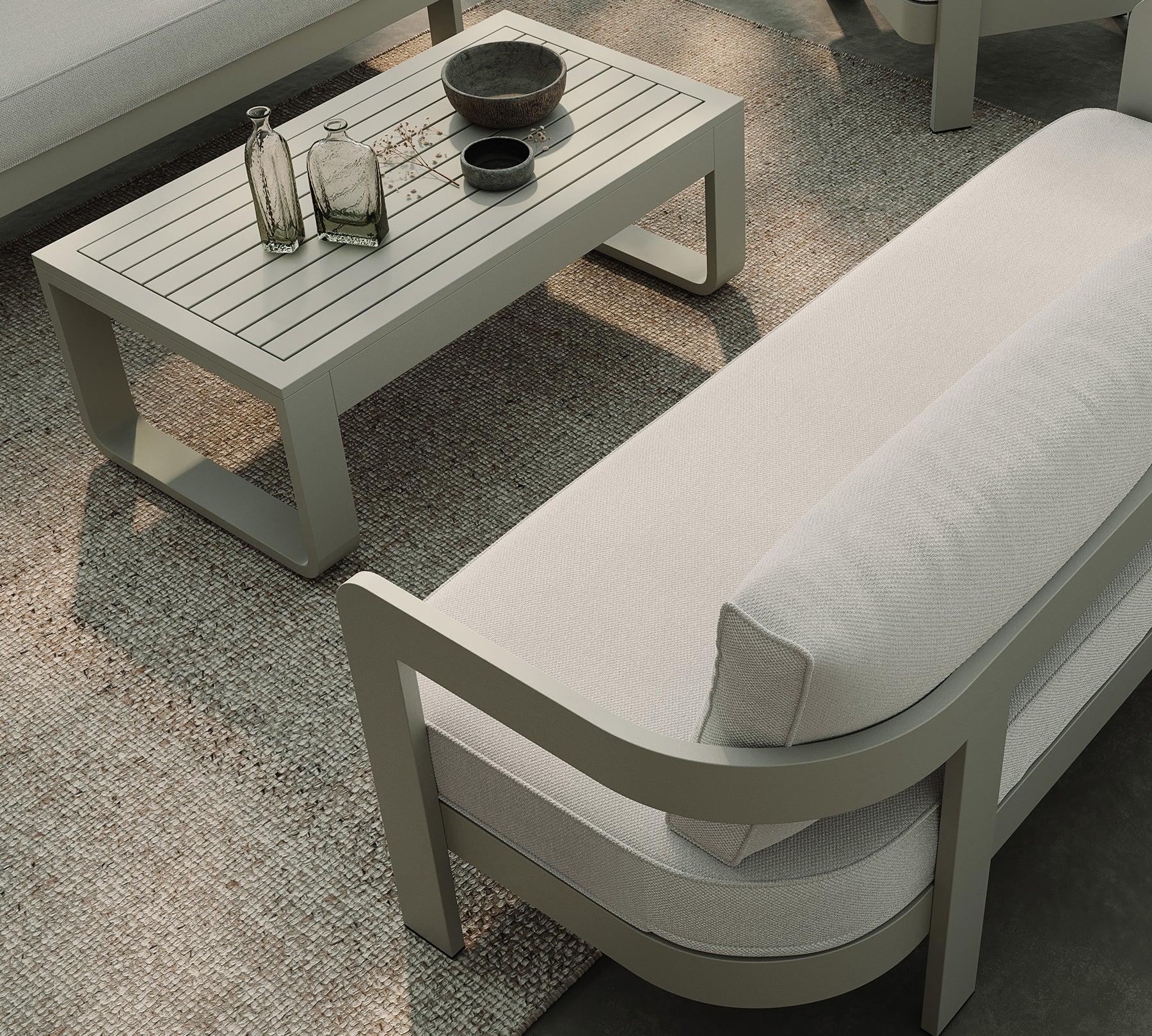 Three Seater Sofa Lounge Chair Cirrus Textured Weave Taupe Coffee Table Blond Rug