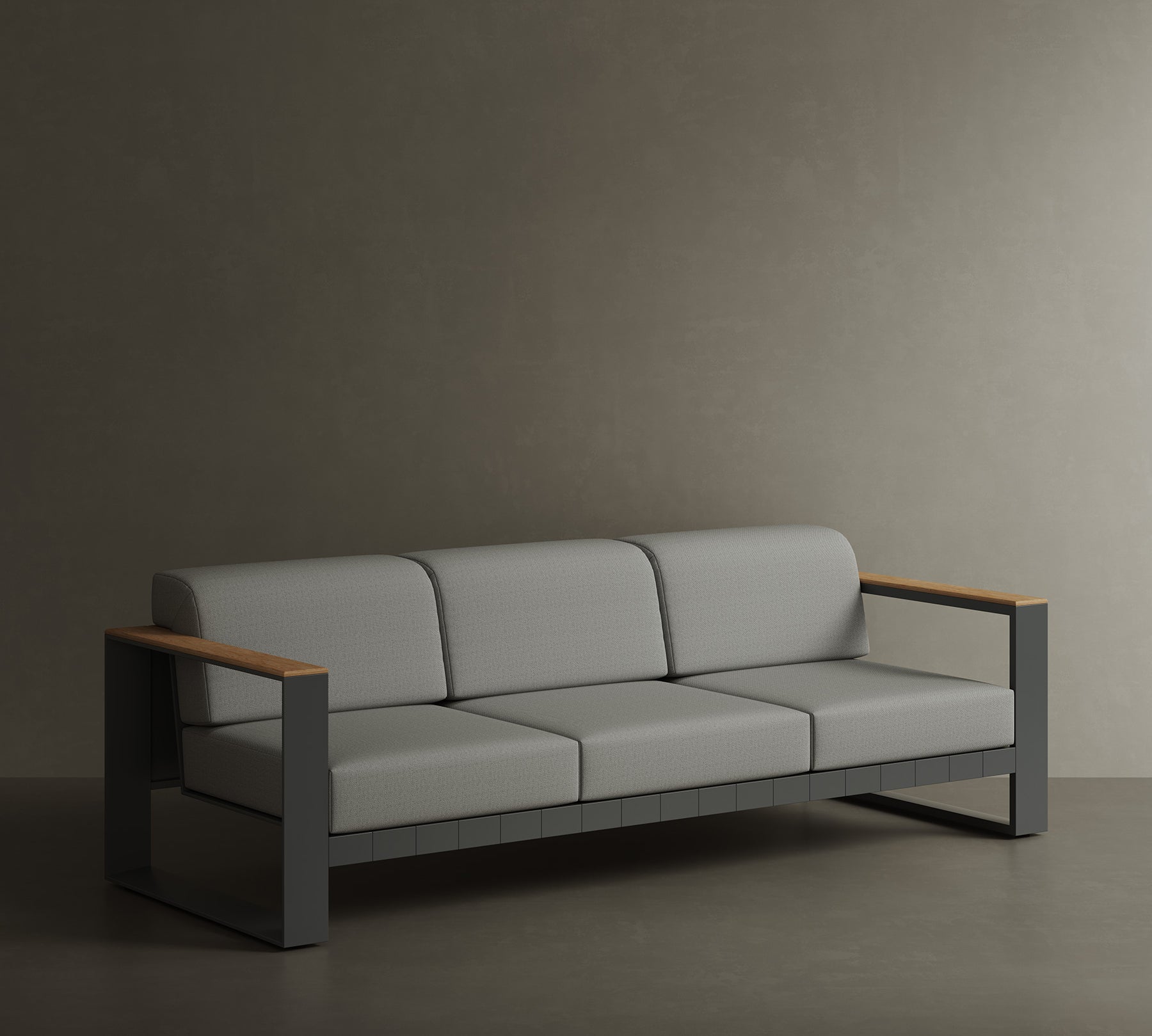 N5 three seater sofa black powder-coated aluminium frame with teak detailing lifestyle image