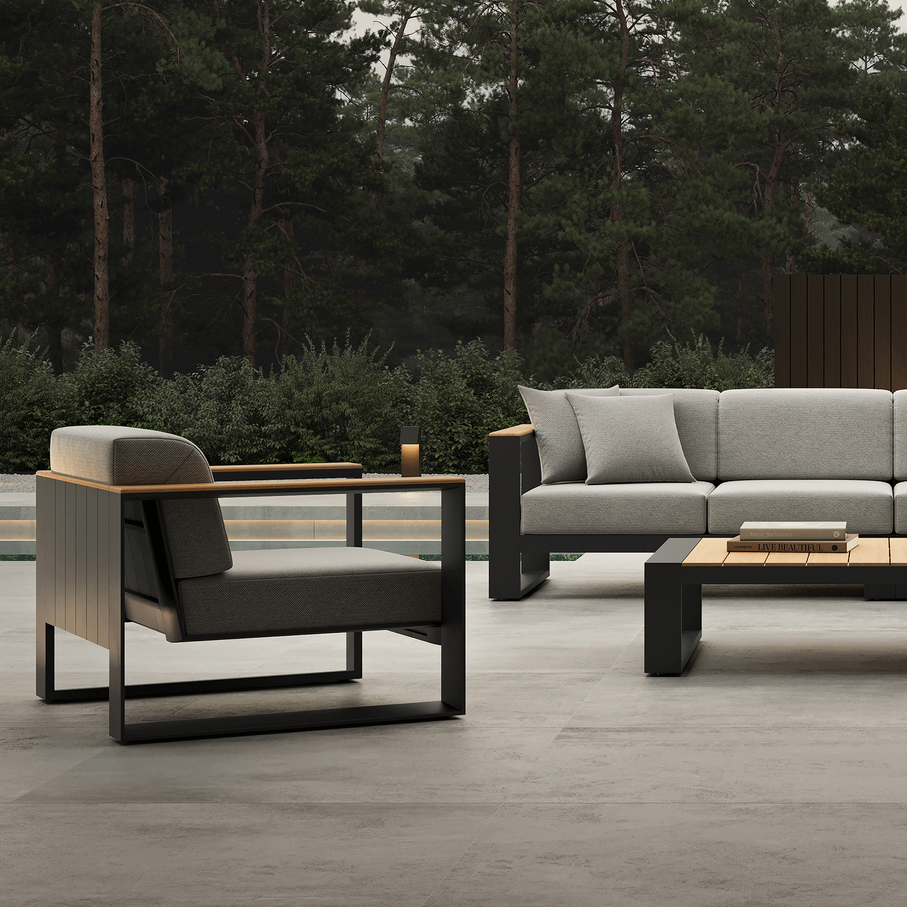 N5 lounge chair, sofa and coffee table aluminium Nordic weave teak wood