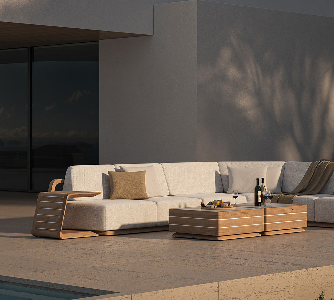 N6 light corner sofa with oatmeal textured weave cushion covers and coffee tables