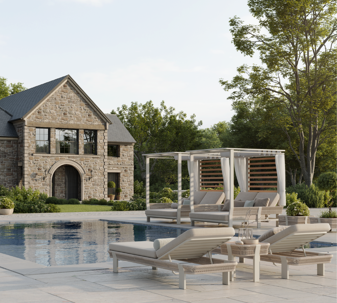 N7 luxury beige outdoor furniture with rope teak and aluminium detail with garden sun loungers and day beds