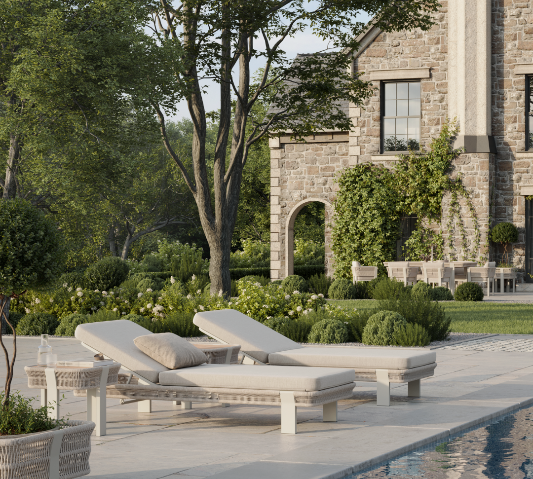 N7 luxury beige outdoor furniture with rope teak and aluminium detail with garden sun lounger and planter