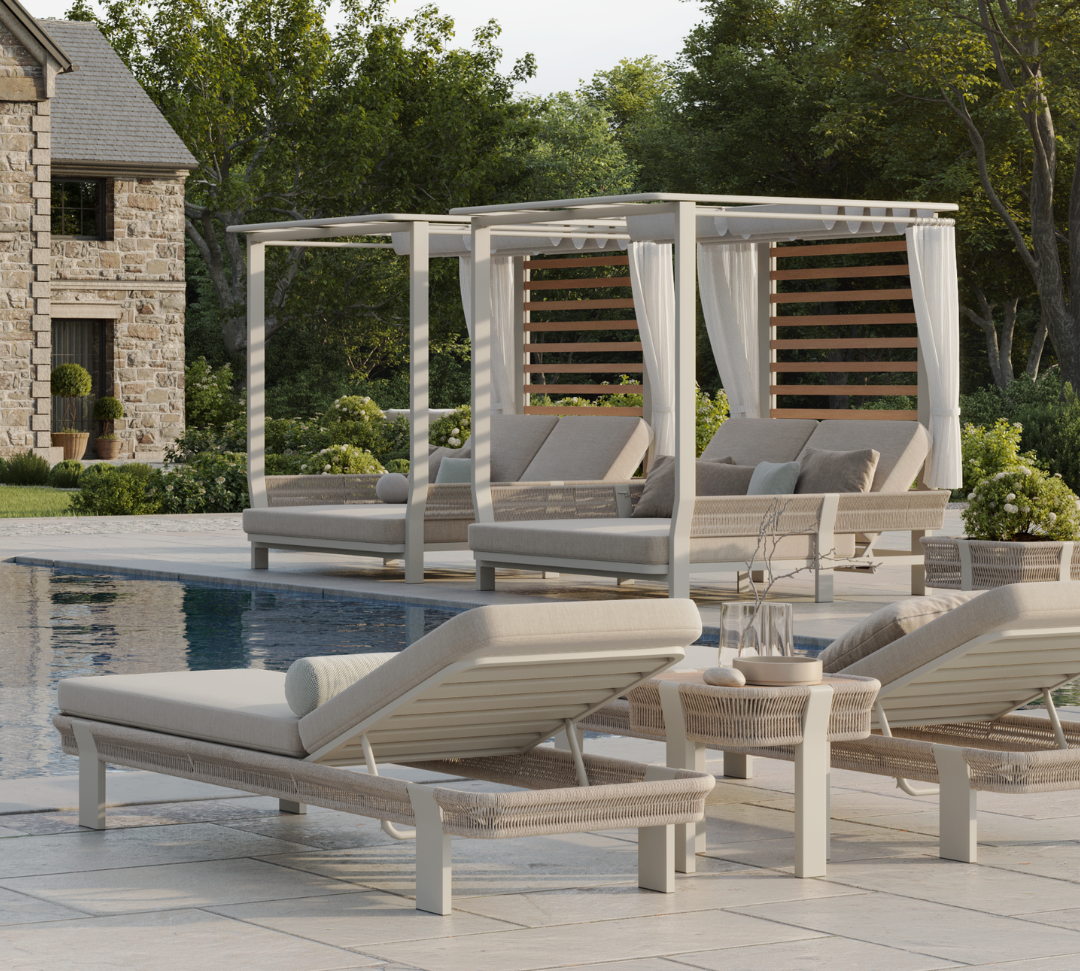 N7 luxury beige outdoor furniture with rope teak and aluminium detail with garden sun lounger and outdoor four poster sun lounger day bed