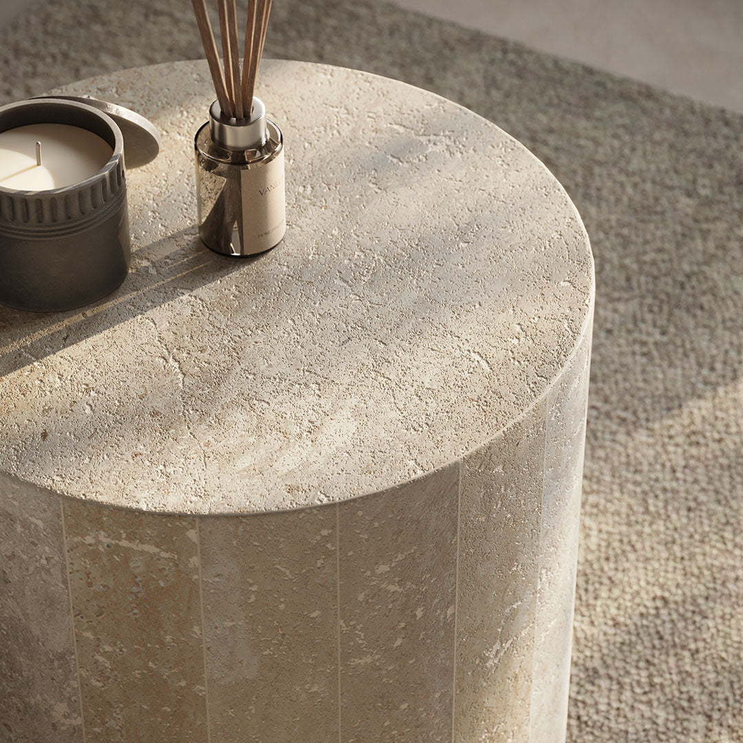 Close up of Porto White travertine side table 40cm
