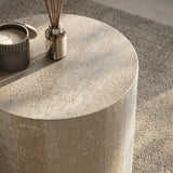 Close up of Porto White travertine side table 40cm
