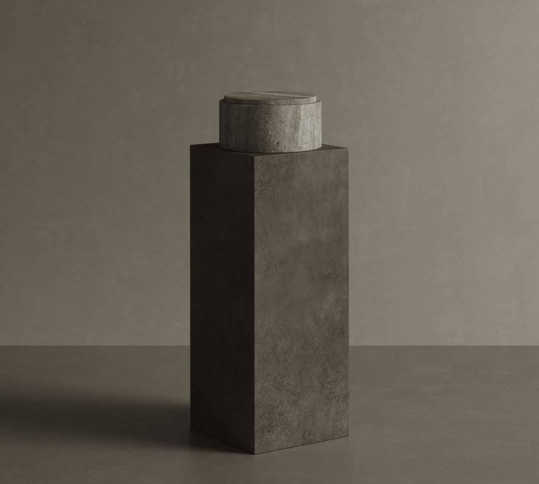 Caselle grey travertine jar on pedestal