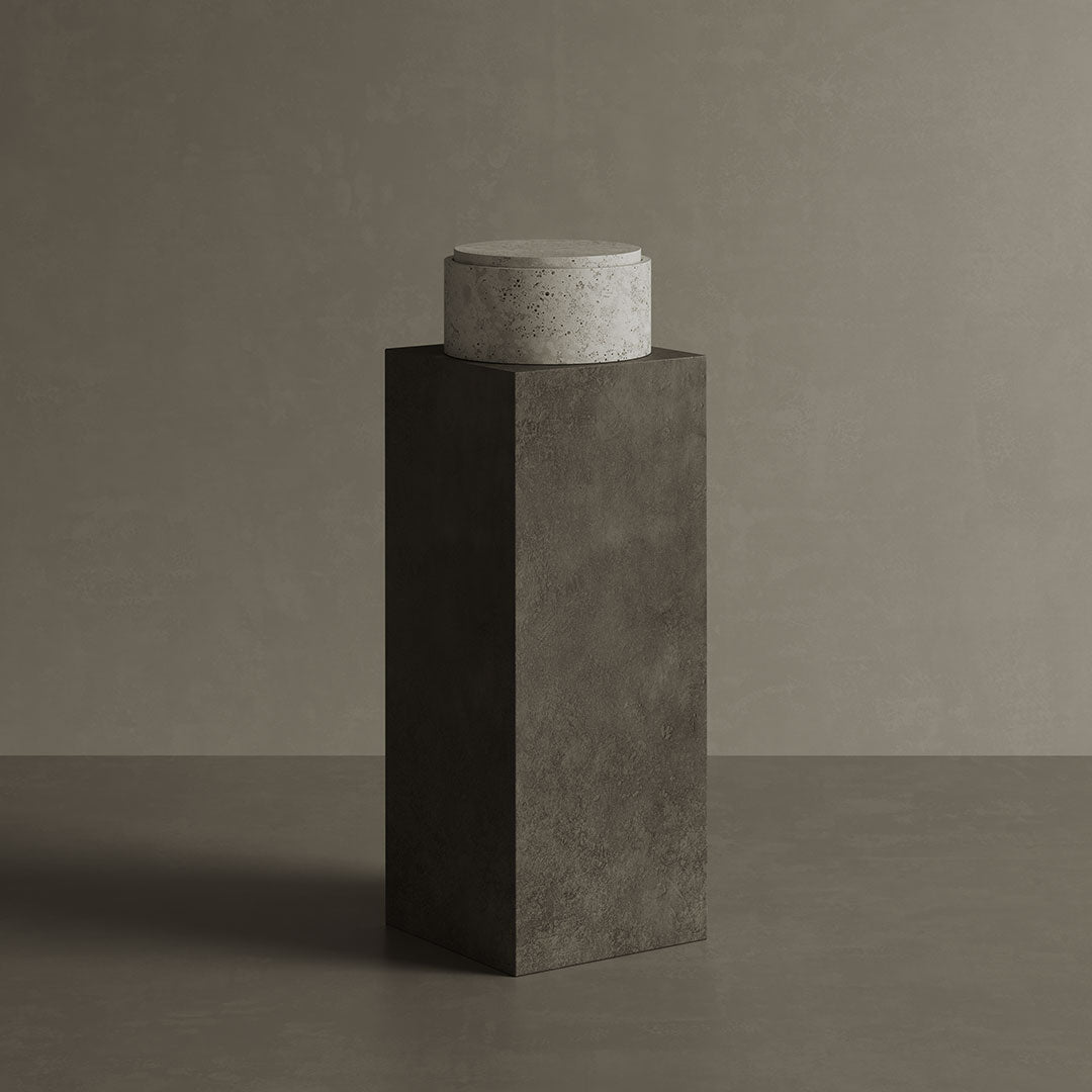 Caselle white travertine jar on pedestal
