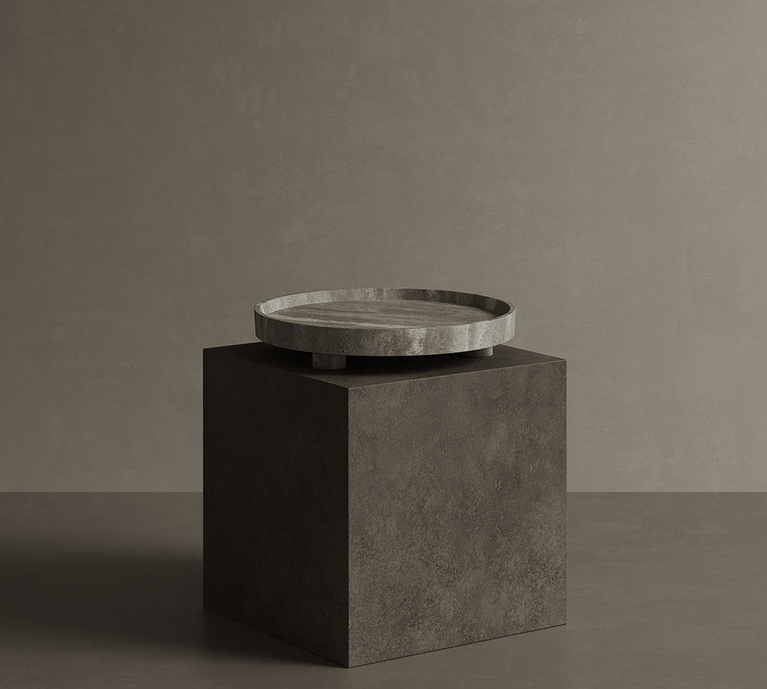 Caselle grey travertine tray on pedestal