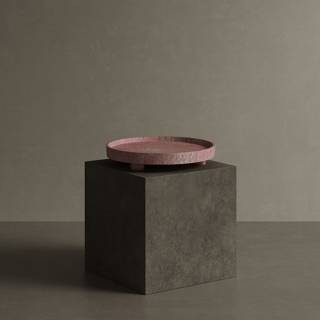 Caselle red travertine tray on pedestal