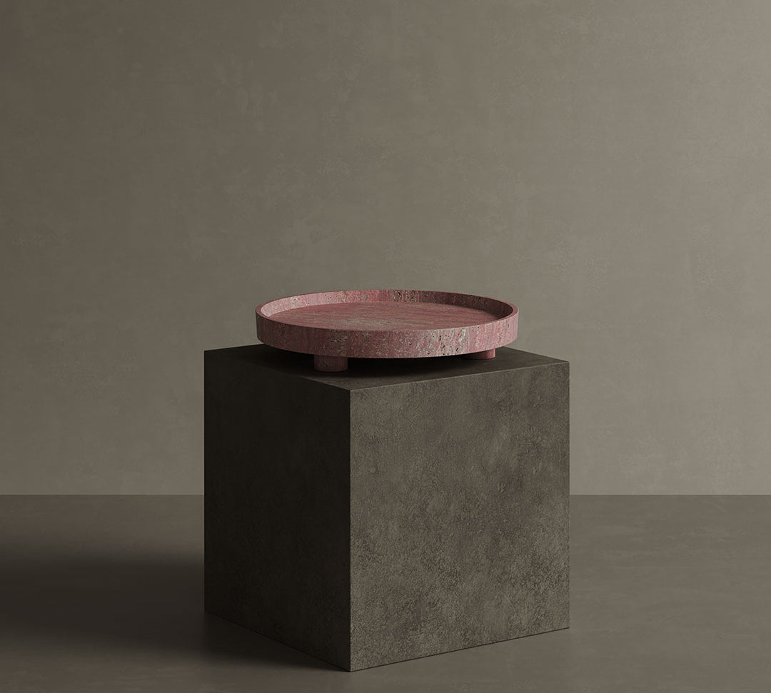 Caselle red travertine tray on pedestal