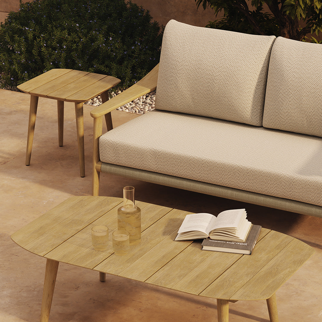 N1 Light Teak Two Seater Sofa, Coffee Table and Side Table