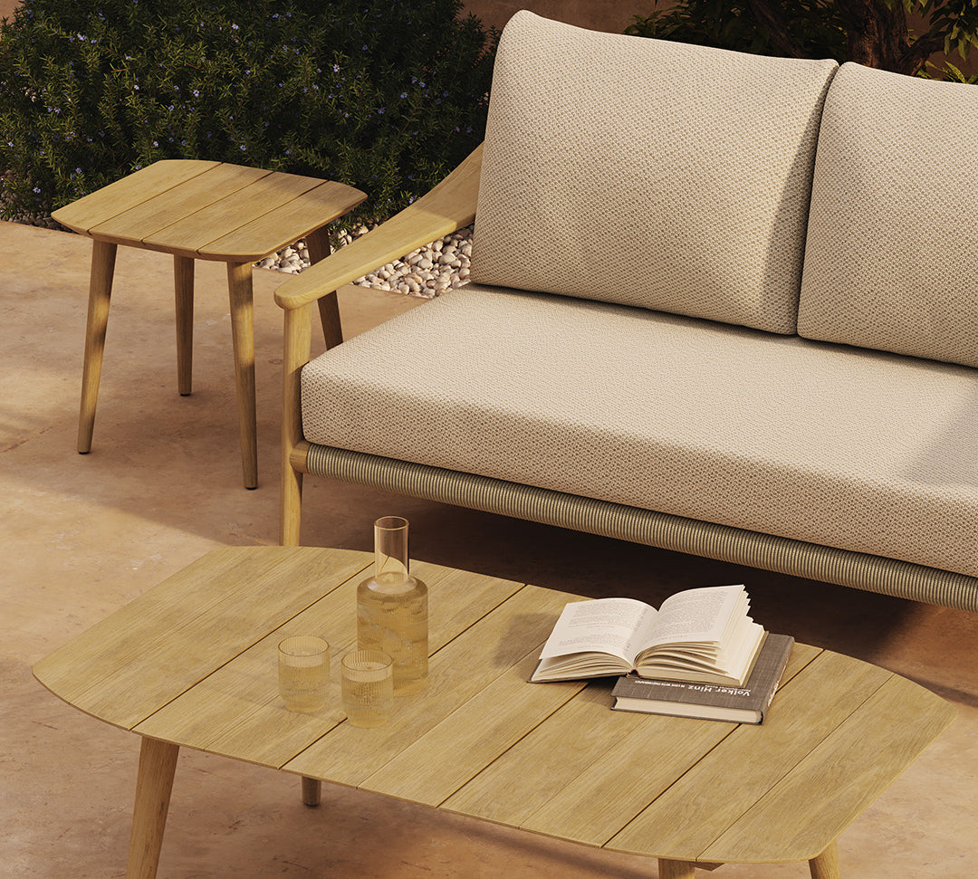 N1 Light Teak Two Seater Sofa, Coffee Table and Side Table