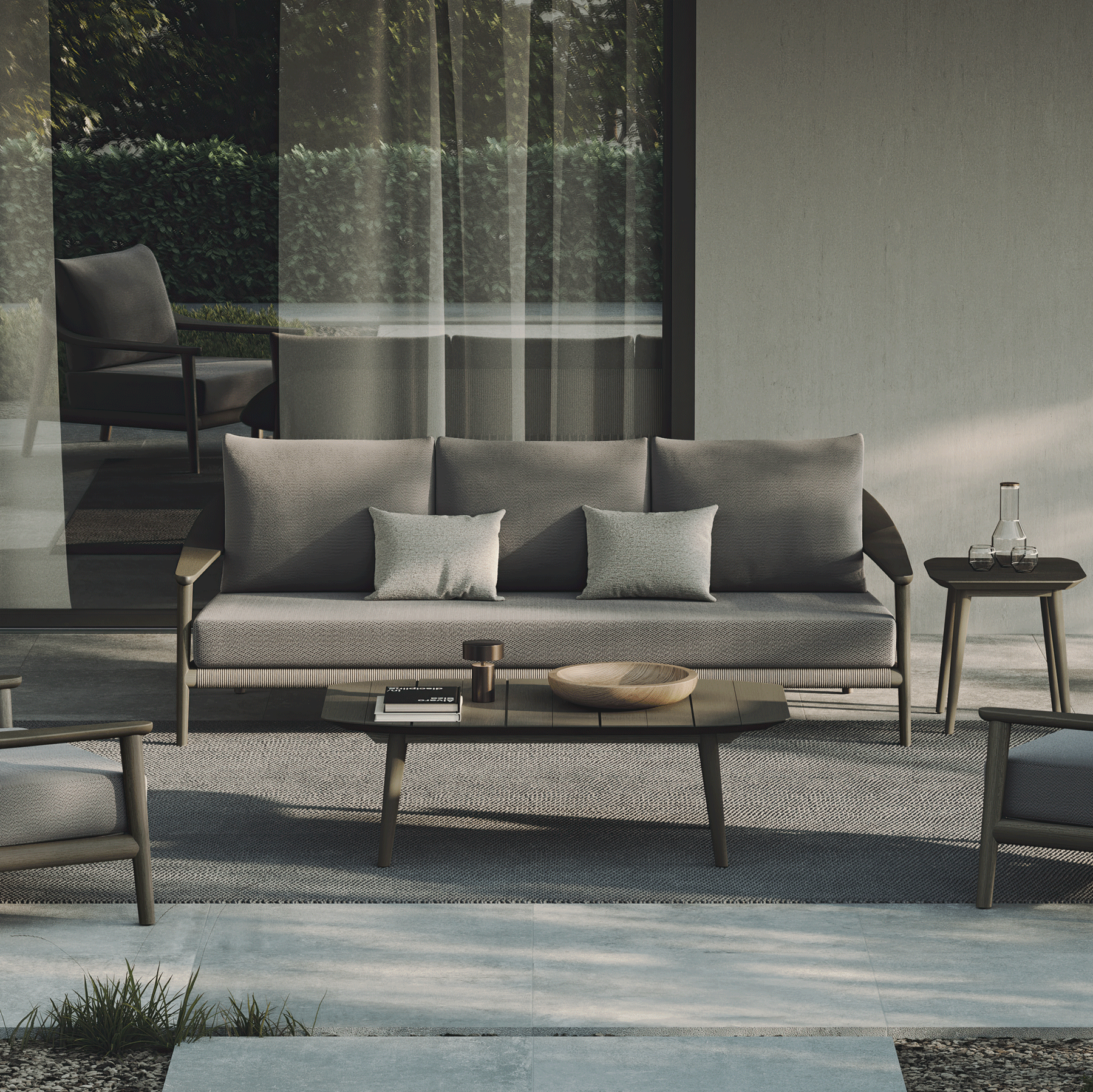 N1 luxury dark teak outdoor furniture with mid century inspired rope detail sofa set