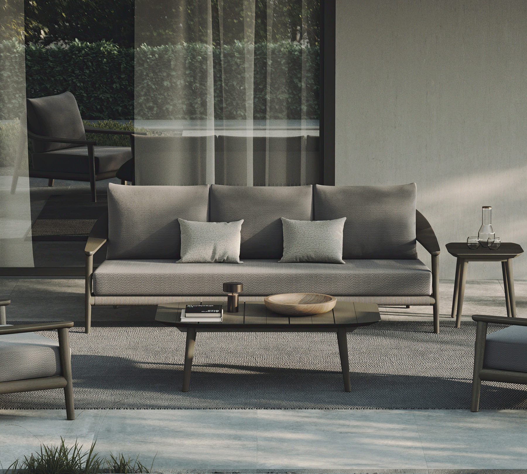 N1 luxury dark teak outdoor furniture with mid century inspired rope detail with garden furniture sofa