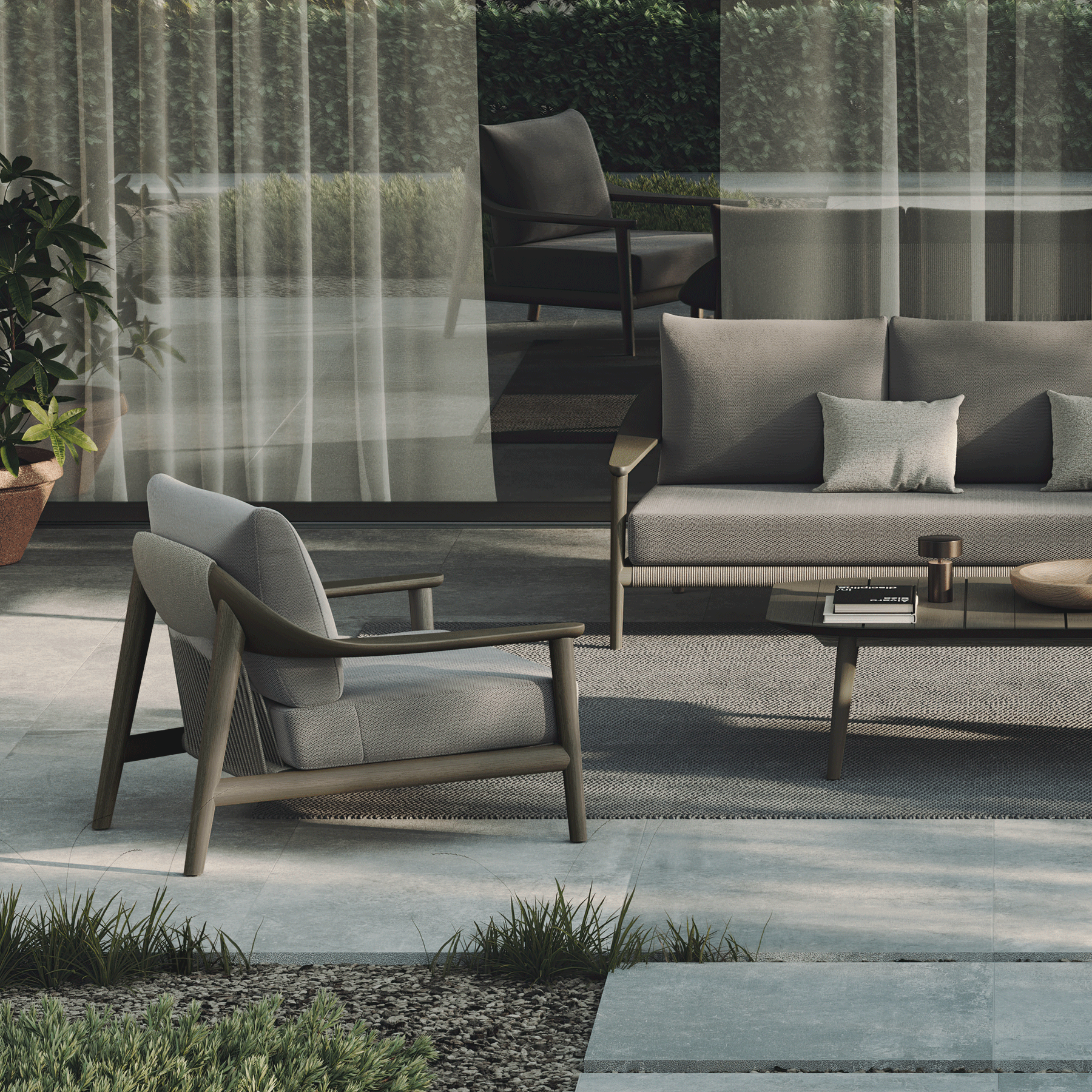 N1 luxury dark teak outdoor furniture with mid century inspired rope detail 