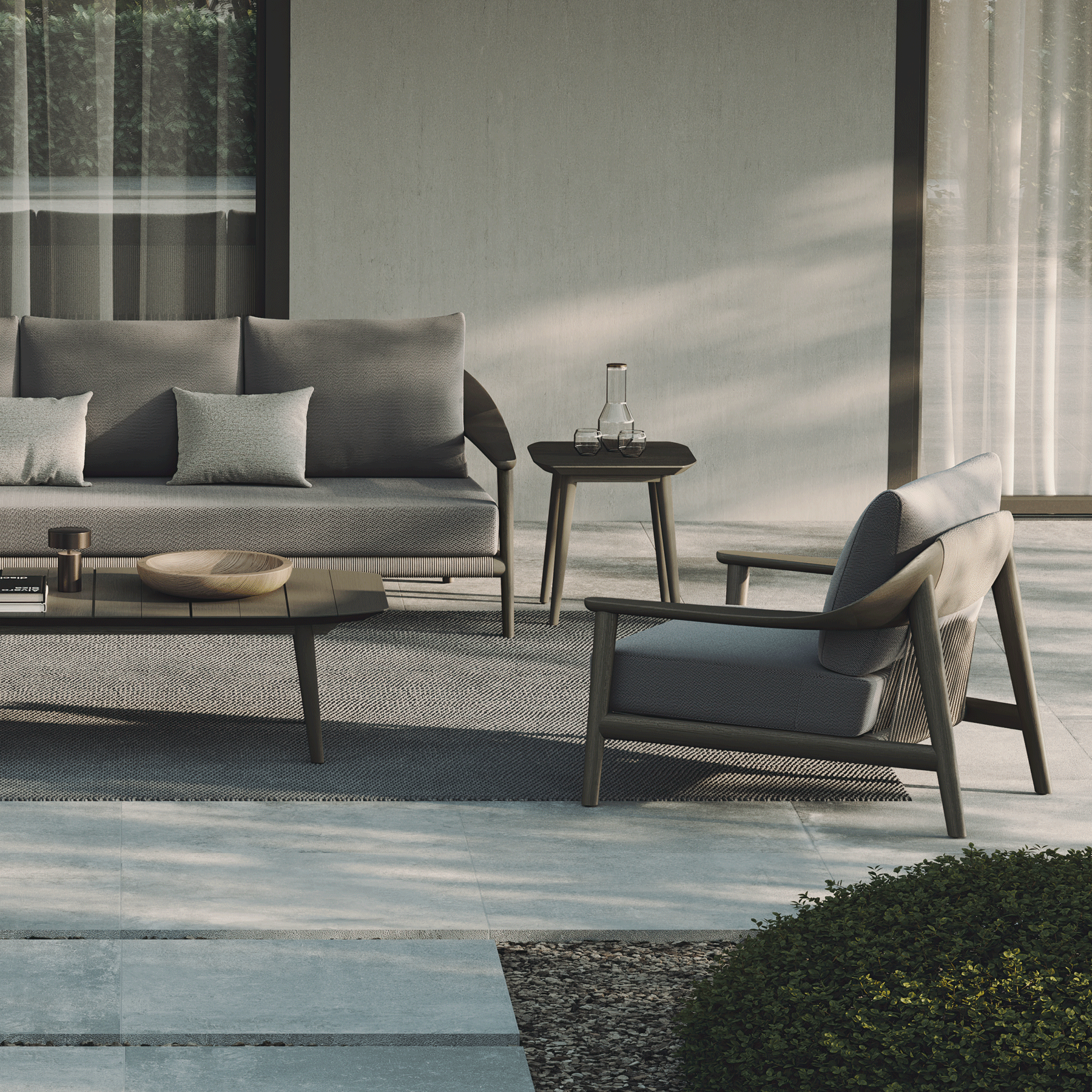 N1 luxury dark teak outdoor furniture with mid century inspired rope detail with garden side table and coffee table