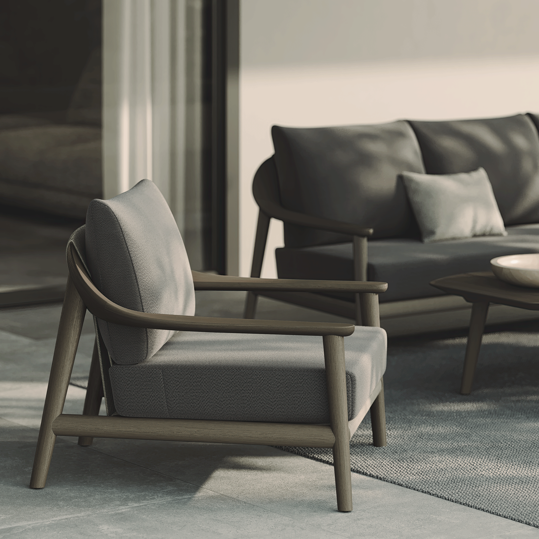 N1 luxury dark teak outdoor furniture with mid century inspired rope detail with outdoor single sofa