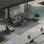 N1 luxury dark teak outdoor furniture with mid century inspired rope detail with outdoor rug