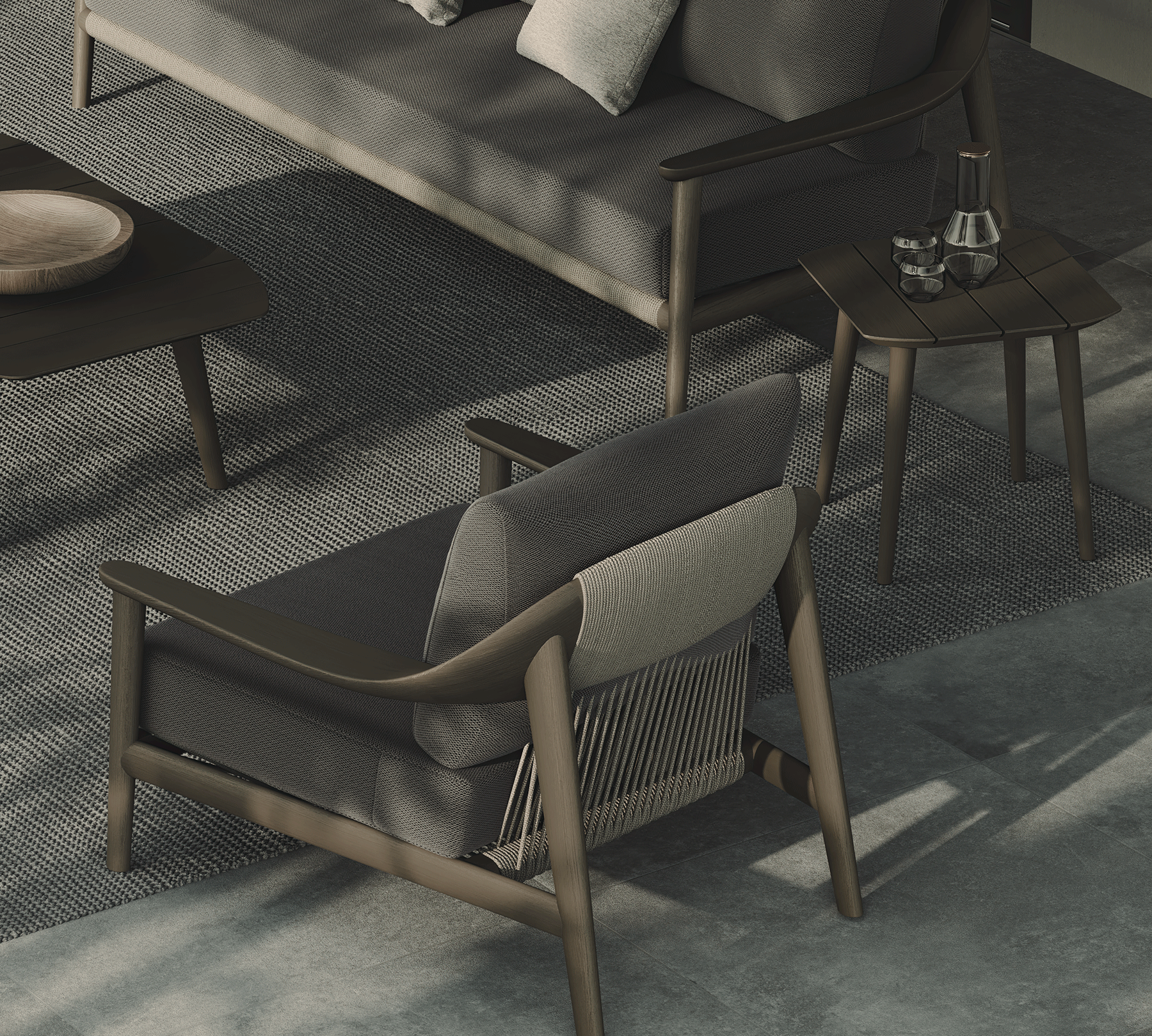 N1 luxury dark teak outdoor furniture with mid century inspired rope detail with lounge chair and sofa set