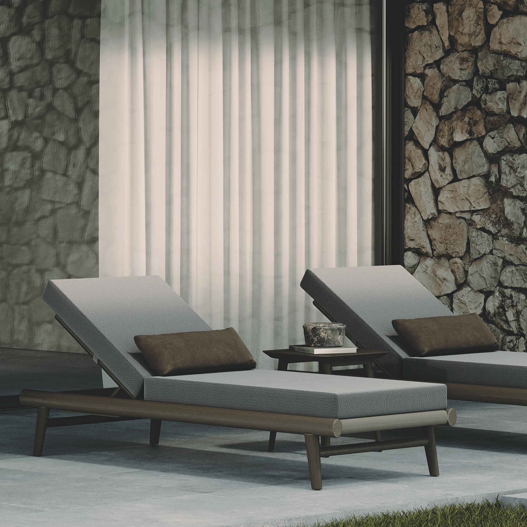 N1 luxury dark teak outdoor furniture with mid century inspired rope detail with garden fabric sun loungers and outdoor side table