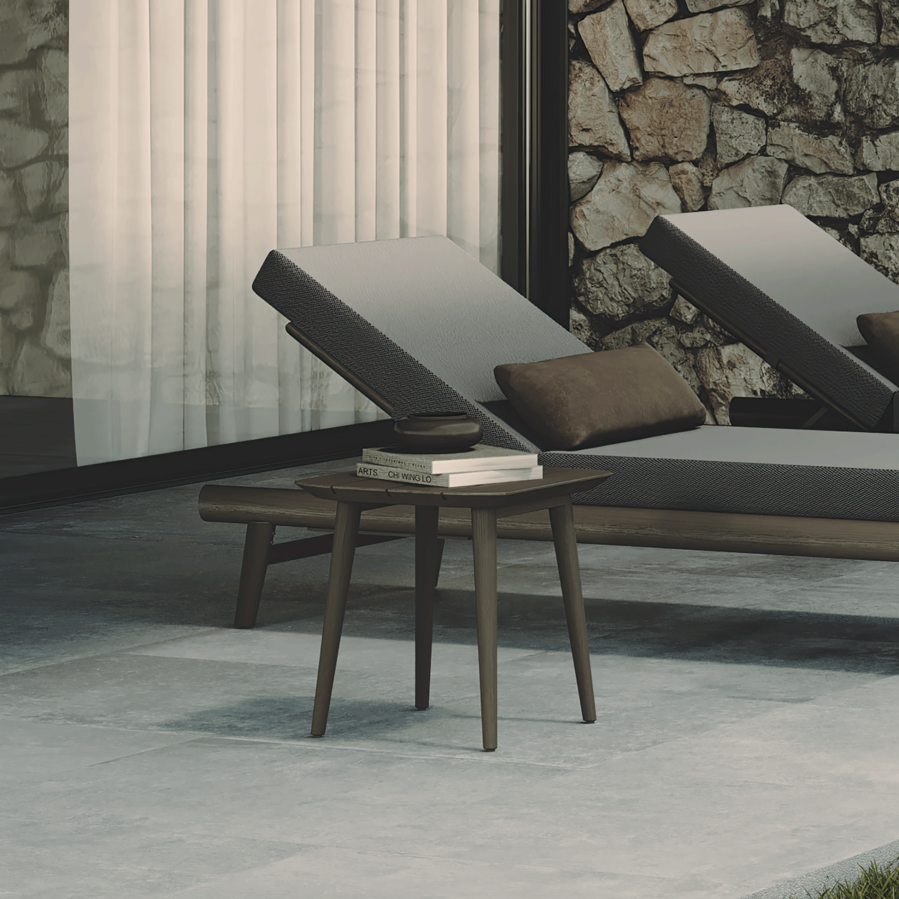 N1 luxury dark teak outdoor furniture with mid century inspired rope detail with outdoor garden side table